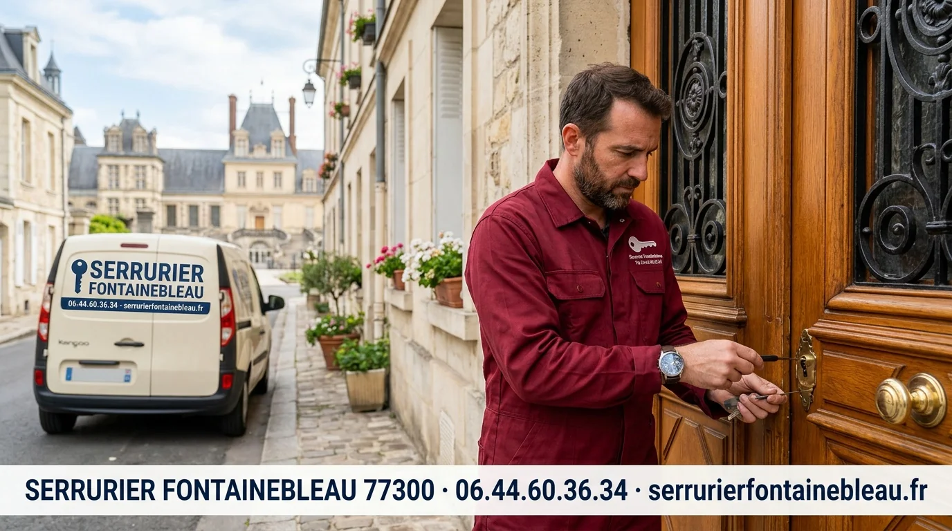 Serrurier Fontainebleau 77300 en intervention avec bannière coordonnées
